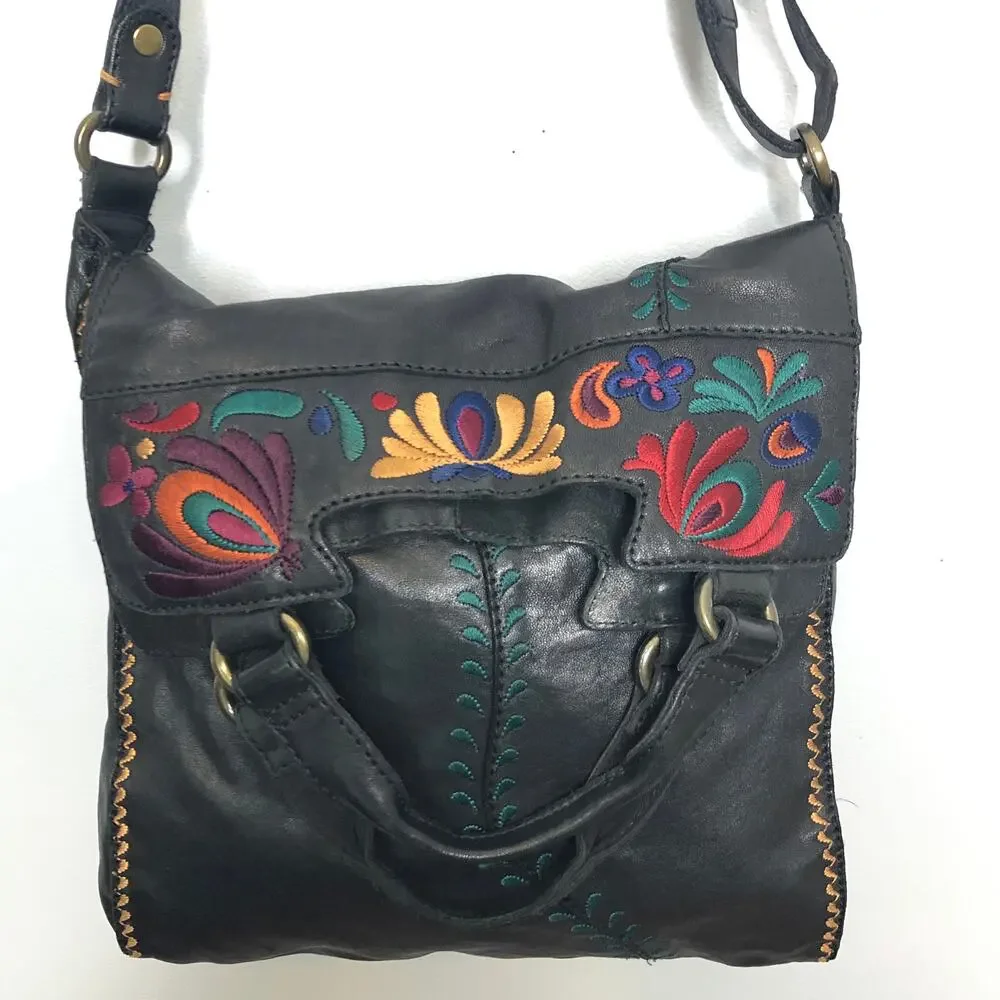 Lucky Brand Abbey Road Lambs Leather Embroidered Cross Body Tote Black